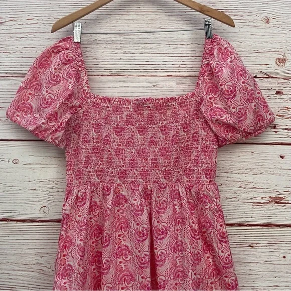 J Crew Puff Sleeve Smocked Mini Dress in Dandelion Swirl Pink/White Sz M - Picture 8 of 14